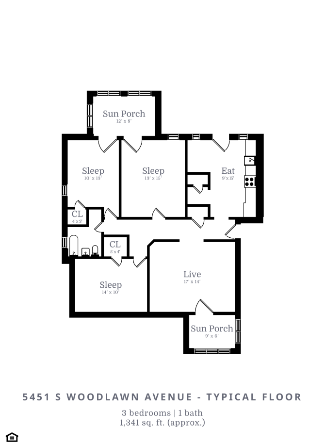 Floor plan for 3 beds, 1 bath, 1341 sqft